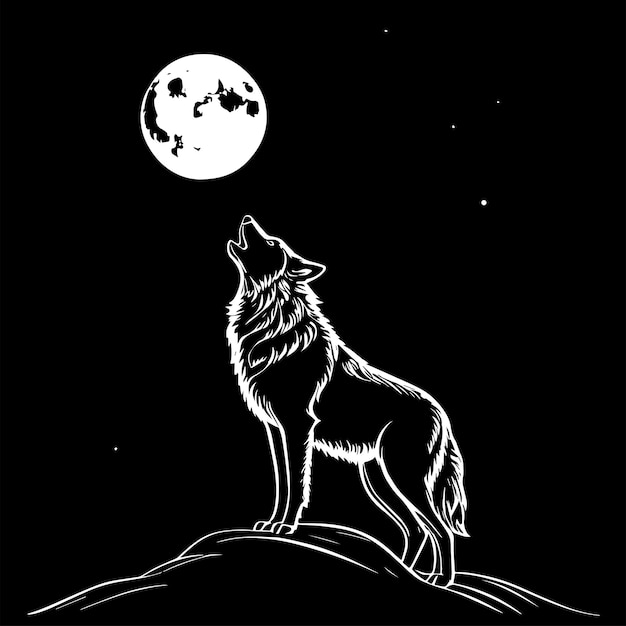 wolf howl at full moon line art vector illustration