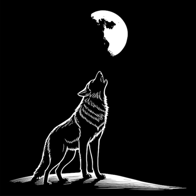 wolf howl at full moon line art vector illustration