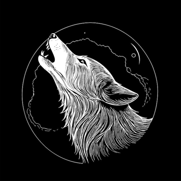 wolf howl at full moon line art vector illustration