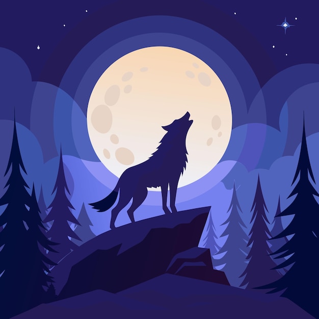 Vector a wolf howling at a full moon on top of mountain in the forest at night vector illustrator