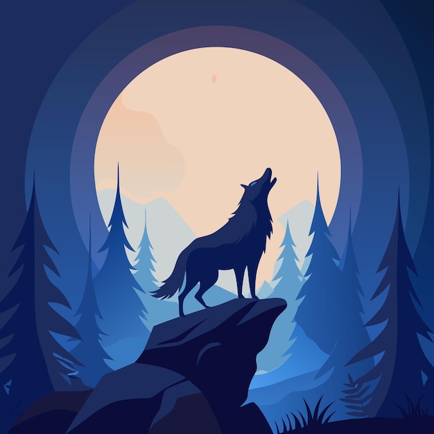 Vector a wolf howling at a full moon on top of mountain in the forest at night vector illustrator