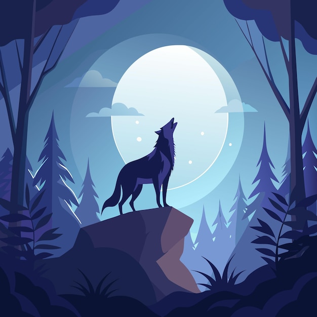 Vector a wolf howling at a full moon on top of mountain in the forest at night vector illustrator