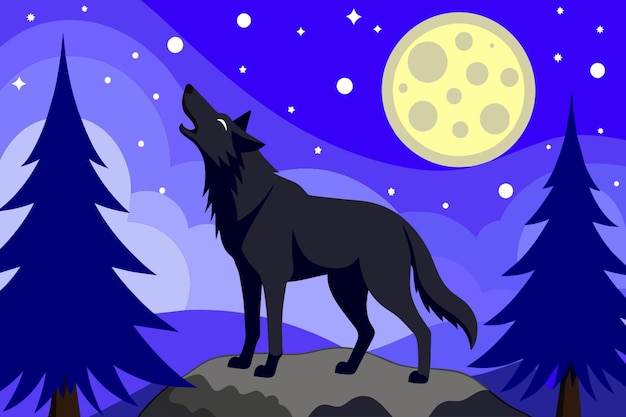 Vector a wolf howling in the middle of the night beautiful background with dangerous moon and stars in