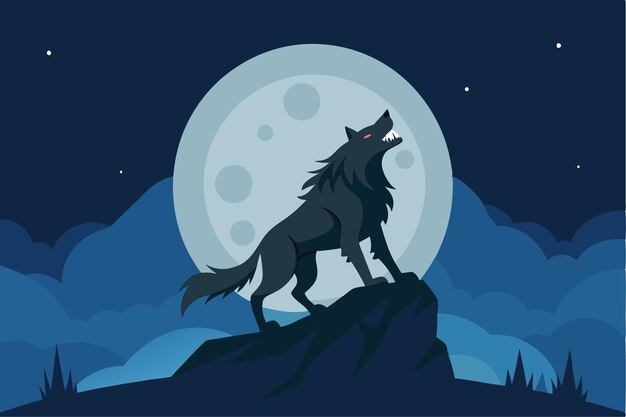 Vector a wolf howling at the moon with the moon in the background