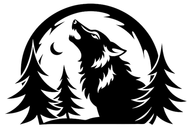 Wolf howling at the moon with trees in the background silhouette illustration