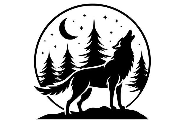 Wolf howling at the moon with trees in the background silhouette illustration