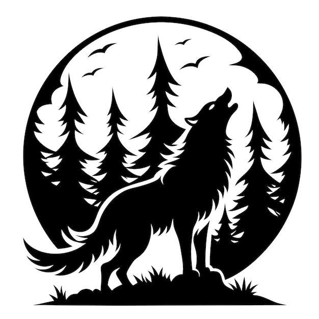 Wolf howling at the moon with trees in the background silhouette illustration