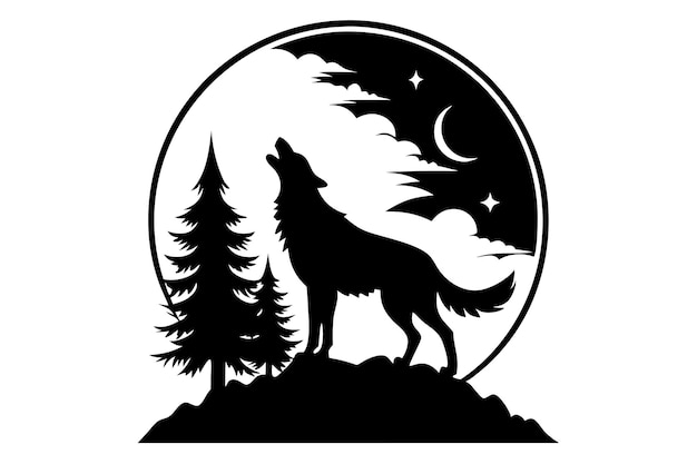 Wolf howling at the moon with trees in the background silhouette illustration