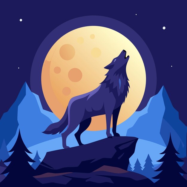 Vector wolf howling vector illustration at the midnight moon