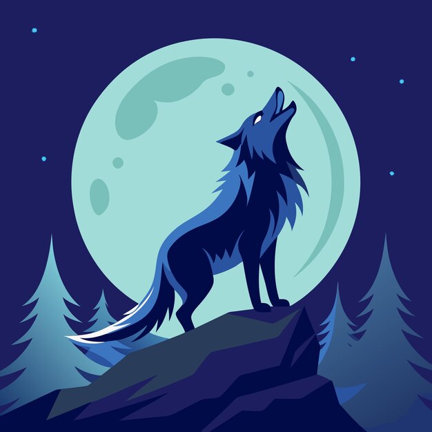 Vector wolf howling vector illustration at the midnight moon