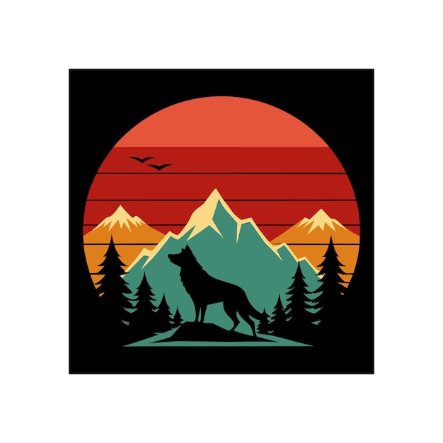 Vector a wolf is shown in front of a mountain with a red sun and mountains