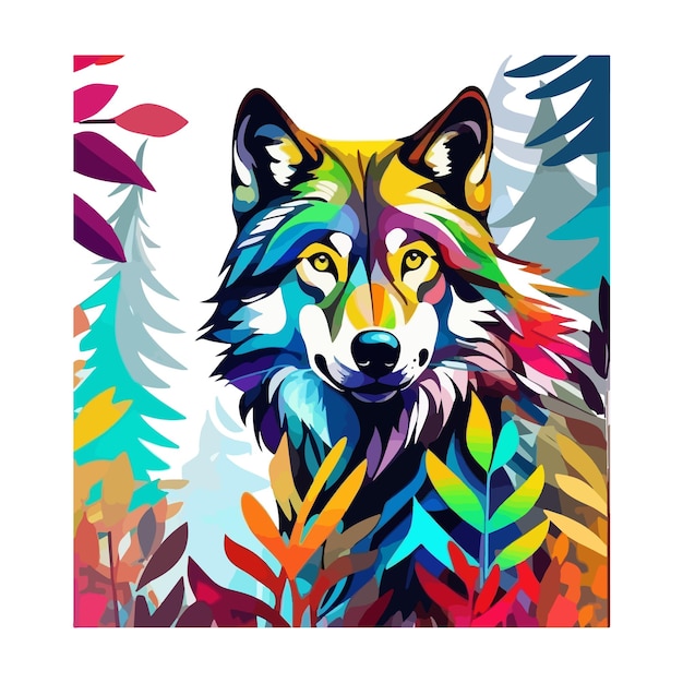 wolf is sitting and looking at the tree colorful illustration image and blank background