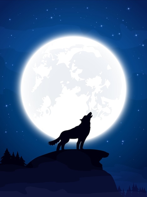 Vector wolf and moon