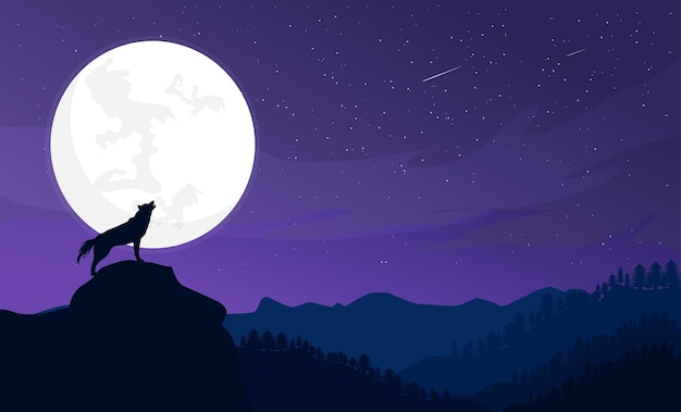 Wolf roaring at night with a view over the mountain flat illustration