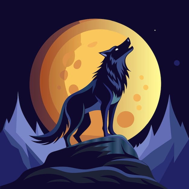 Vector a wolf on a rock with a full moon in the background