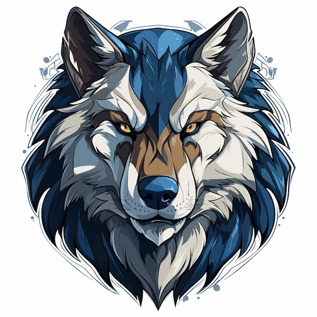 Wolf's head with blue eyes and brown nose on white background