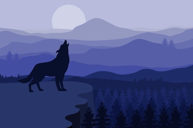 Vector wolf standing on a hill with a full moon background