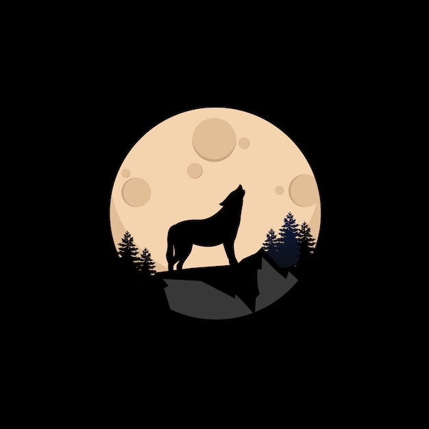 wolf at top of mountain with night moon background illustration