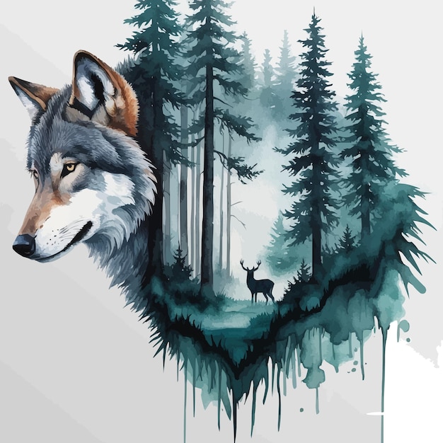 A wolf with a blue background with trees and mountains