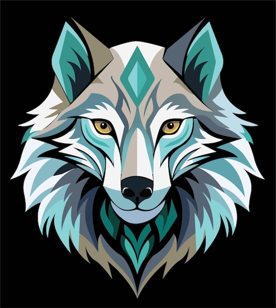 a wolf with a blue and green design on its face