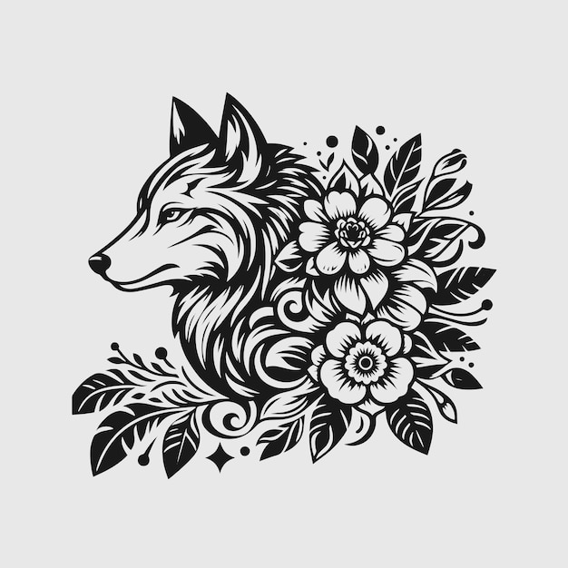 Vector wolf with botanical flowers black tattoo design vector