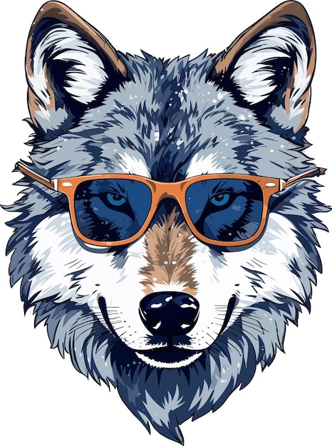 A wolf with sunglasses on his face and a white background.