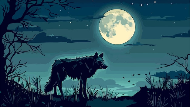 Vector a wolf and a wolf are silhouetted against a full moon