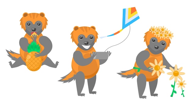 Wolverines Picking Flowers, Launches A Kite, Eating Pineapple Vector Design Style Elements Fauna