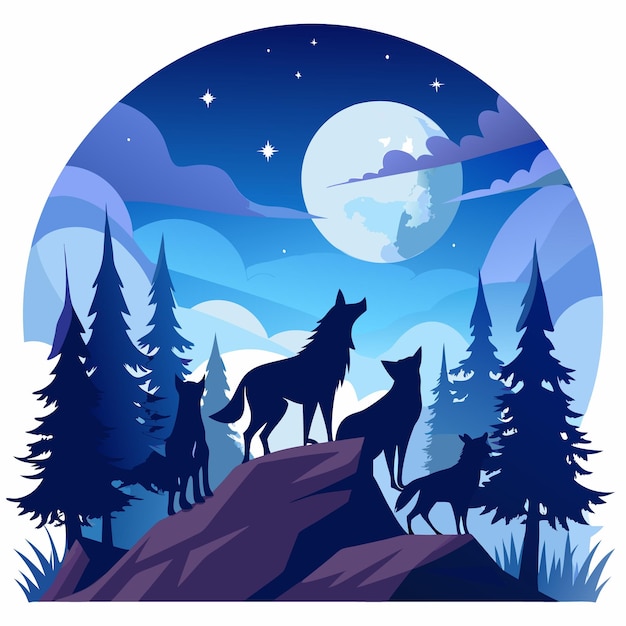 Wolves howling at the moon in a forest