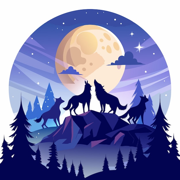 Wolves howling at the moon in a forest