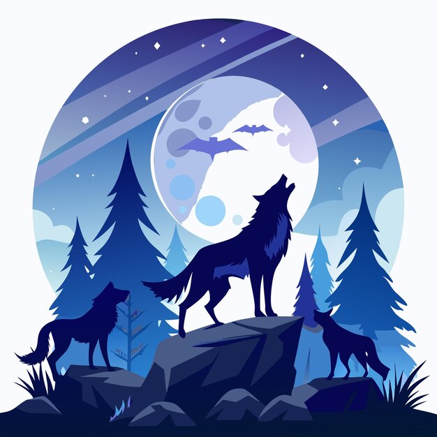 Vector wolves howling at the moon in a forest