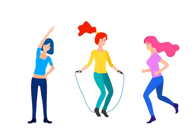 Woman activities. Set of women doing sports, running, jogging, jumping rope, fitness. Sport women vector flat illustration isolated on white background in different poses. bright color