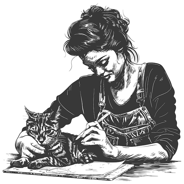 Vector woman activities with cat with engraving style black color only