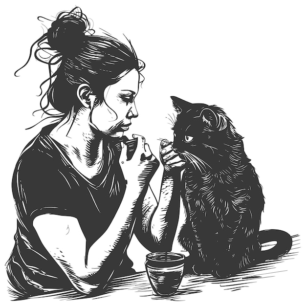 Vector woman activities with cat with engraving style black color only