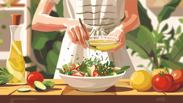 Woman Adding Olive Oil into Bowl with Fresh Vegetables