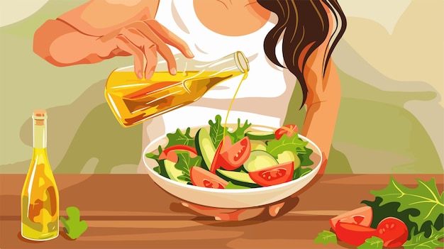 Woman Adding Olive Oil into Bowl with Fresh Vegetables