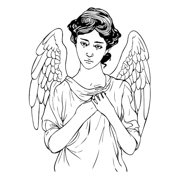 Woman angel with wings with folded hands on a white background hand drawn sketch in doodle style ill