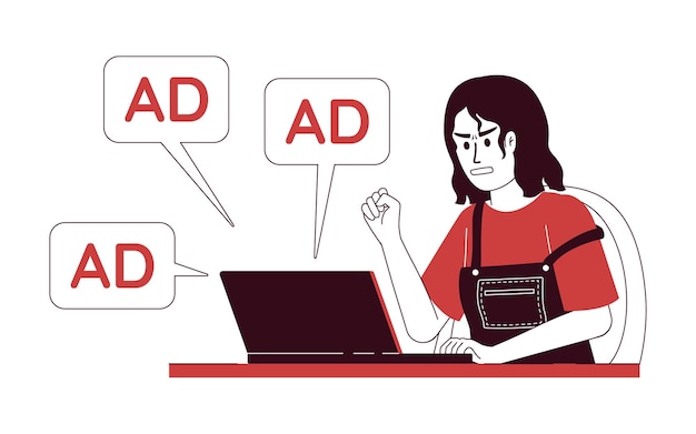 Woman angry of ads amount flat concept vector illustration