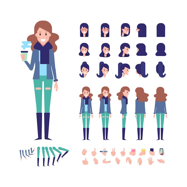 Vector woman for animation various hairstyles emotions and gestures front side back view