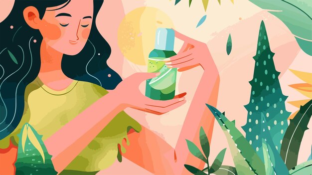 Vector woman applying aloe gel onto her hands on color background