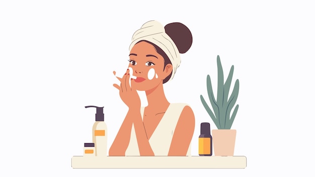 Vector woman applying skincare serum on her face cartoon vector illustration