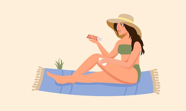 Woman applying sunscreen on body at the beach Beauty and health skin protection concept Vector illustration