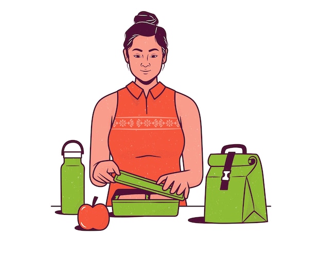 Woman in apron packing lunch box for school Vector flat illustration