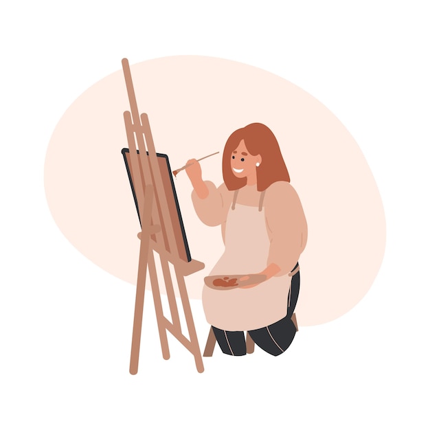 Woman Artist painting picture on canvas, easel, creative woman in apron creates artwork