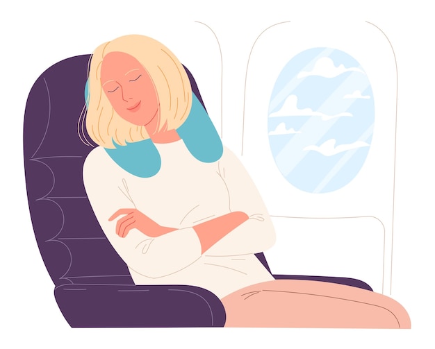 Vector woman asleep on aircraft flight vector illustration