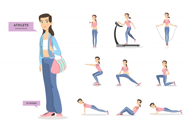 Woman athlete set. Character in sportswear doing exercises.