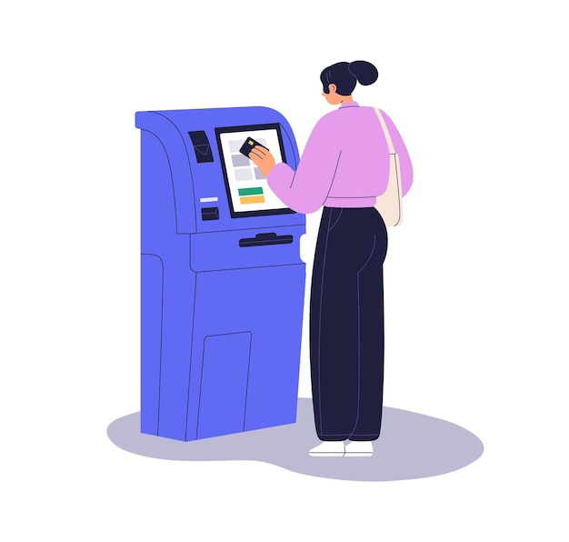 Vector woman at atm with bank credit card in hand customer at automated teller machine selfservice terminal for money withdrawal and payment flat vector illustration isolated on white background