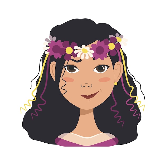 Woman avatars with different emotions Girl with spring or summer flowers and a wreath in black hair Human face with a smile or tears