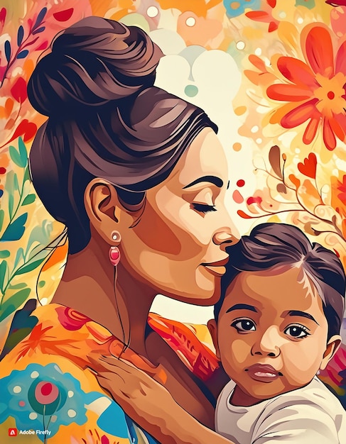 a woman and a baby are shown with a colorful background