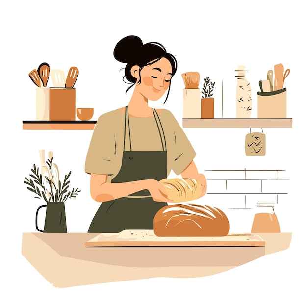 Vector a woman baking a loaf of bread in the kitchen